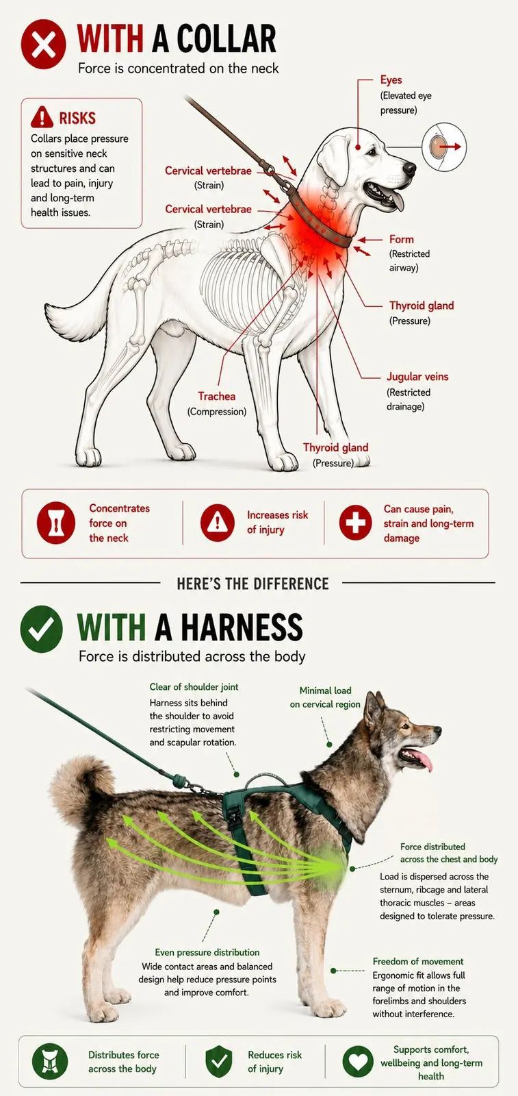 Side-by-side comparison: collar concentrating force on the neck versus harness distributing force across the chest