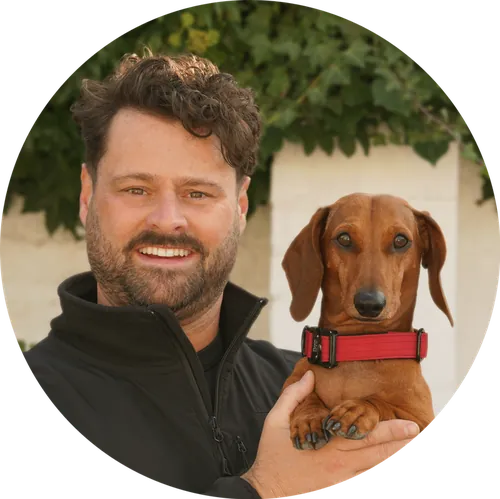 Gareth, founder of Penne & Co, with his dog Penne