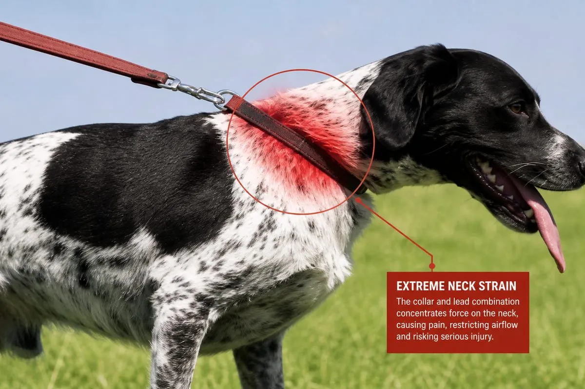 Close-up of a dog on a lead showing collar pressure on the neck, with red highlighting indicating the damage zone