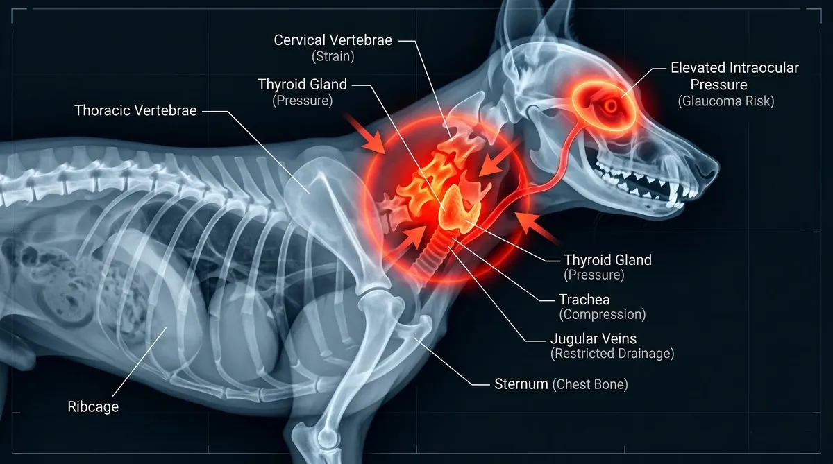 X-ray showing neck damage caused by collar pressure on a dog